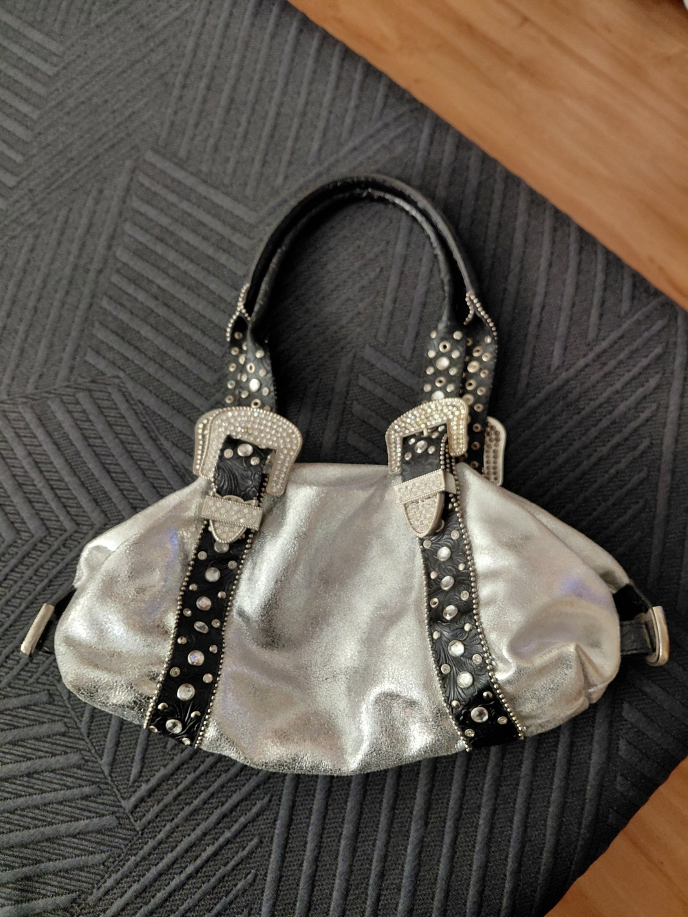 Metallic Silver Shoulder Bag with Black Studded Straps